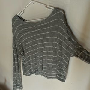 over the shoulder sage green striped top